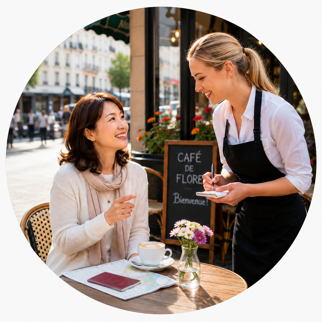 パリのカフェで店員と会話を楽しむ女性